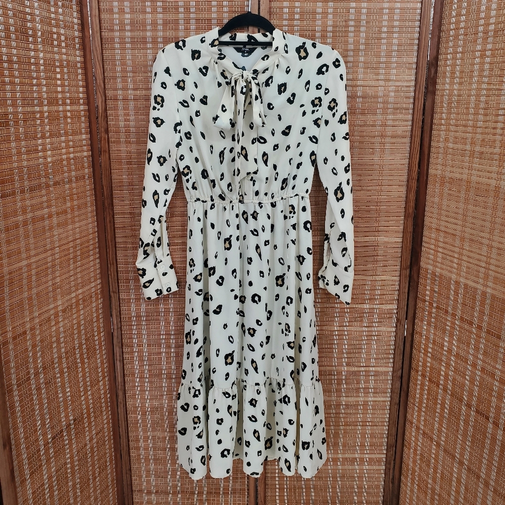 ♧ Hotwind Cream Leopard Print Long Sleeve Midi Dress Size Medium Tan Black